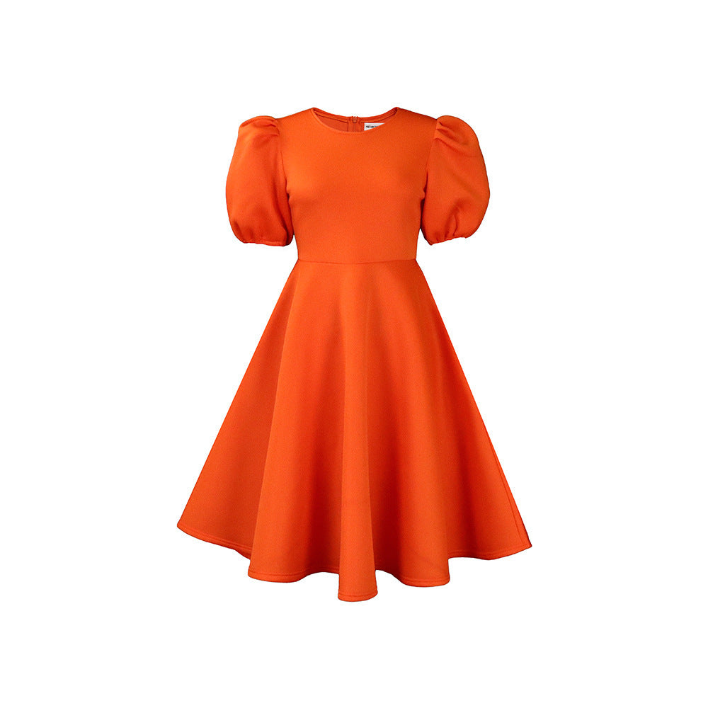 Women's Bubble Sleeves Wrapped Waist Swing Dress