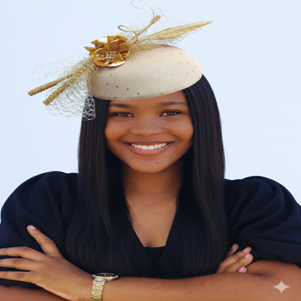 Woman wearing a decorative headpiece with a gold flower against a white bacbackground