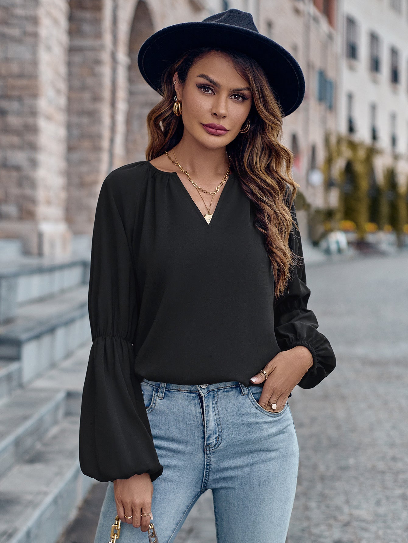 Solid Color V-neck Loose Women's Top