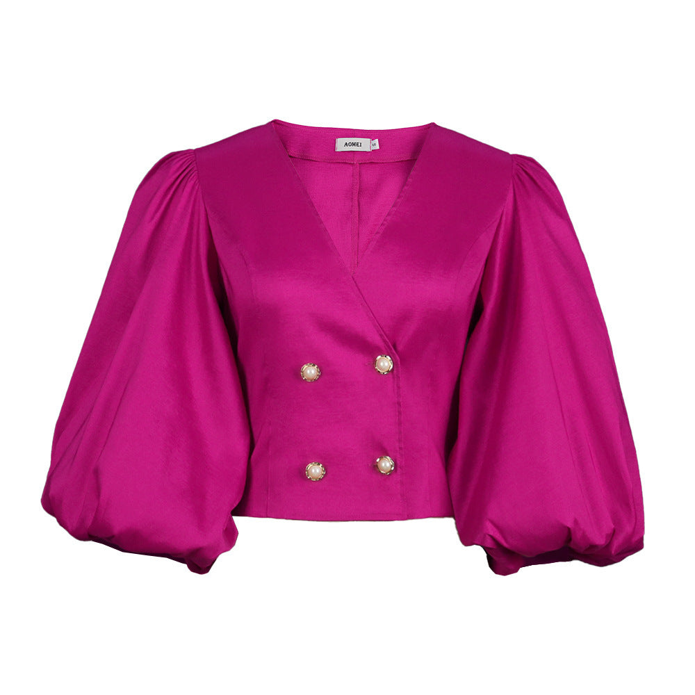 V-Neck Balloon Sleeve Women's Elegant Women's Blouse