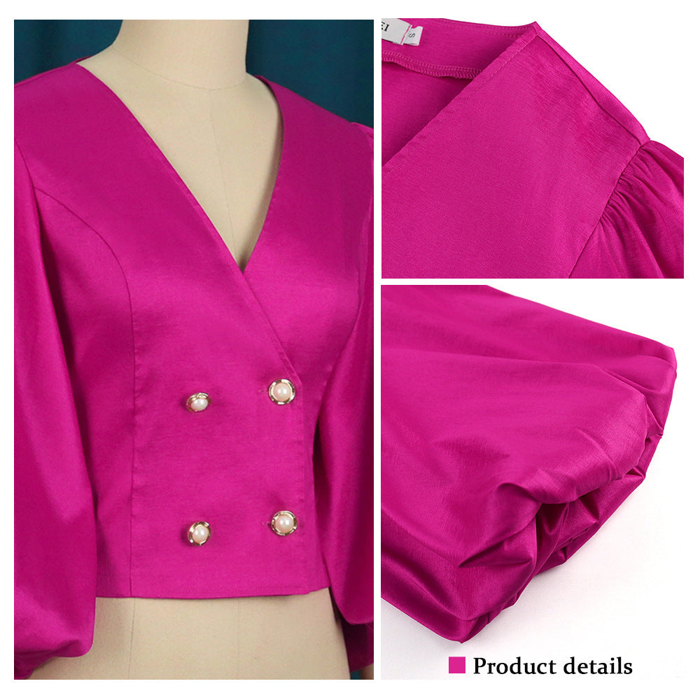 V-Neck Balloon Sleeve Women's Elegant Women's Blouse