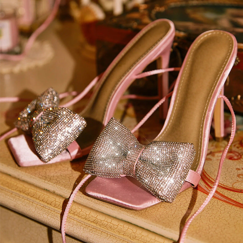 Rhinestone Bow, Cross Strap High Heel Sandals