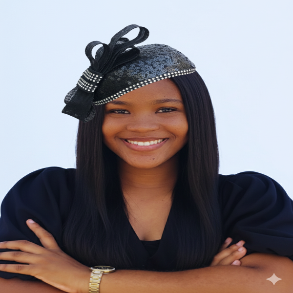 Woman wearing a black sequin decorative headpiece with a plain background
