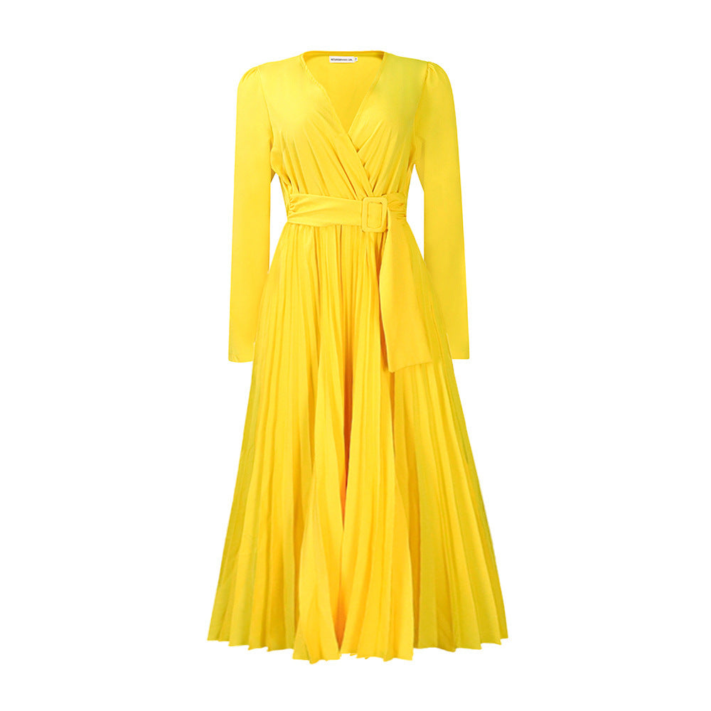 Long Sleeve Solid Color V-neck Pleated Dress