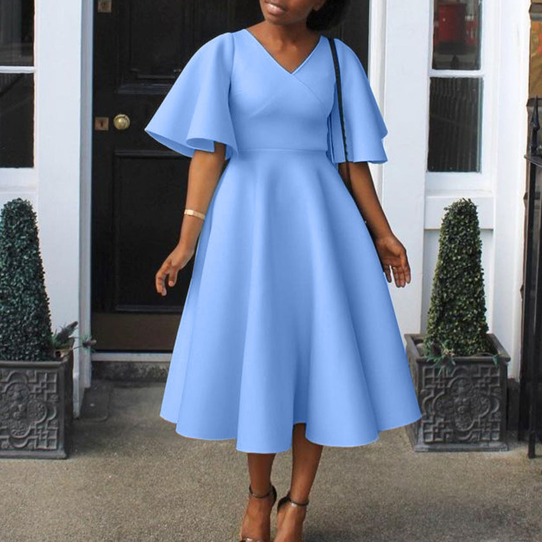 Women's Bell Sleeve V-neck A- Line Dress