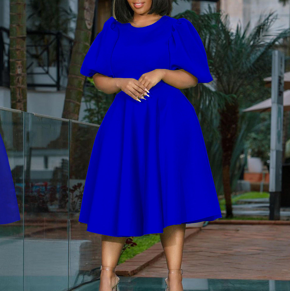 Women's Bubble Sleeves Wrapped Waist Swing Dress