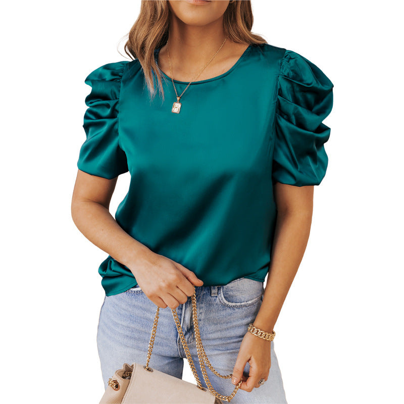 Solid Color Pleated Fluffy Women's Satin Shirt