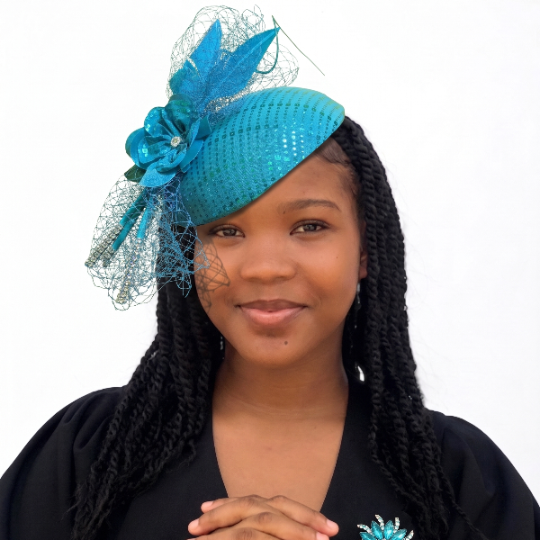 Woman wearing a blue decorative hat and matching brooch against a white background