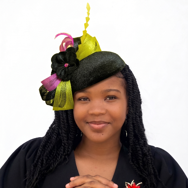 Midnight Neon Jubilee Fascinator – Elegant Black Church Hat with Lime & Fuchsia Accents