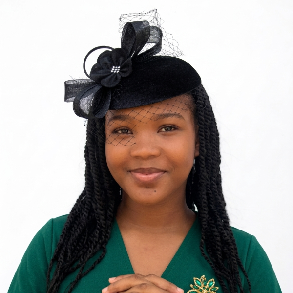 Woman wearing a black hat with a decorative bow and a green dress on a white background