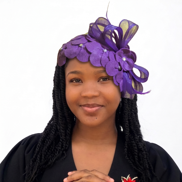Royal Regency Floral Fascinator – Elegant Purple Petal Church Hat with Jewel Accents