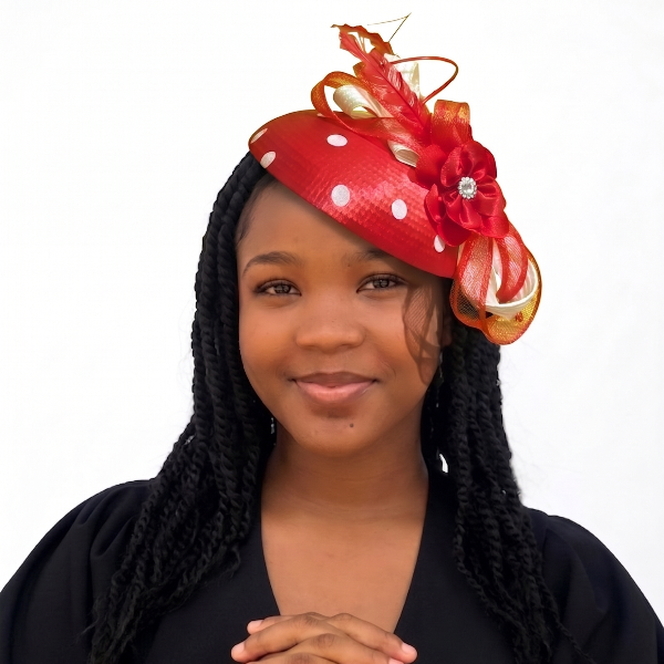 Crimson Joy Polka Dot Fascinator – Elegant Red & White Church Hat with Floral Accent