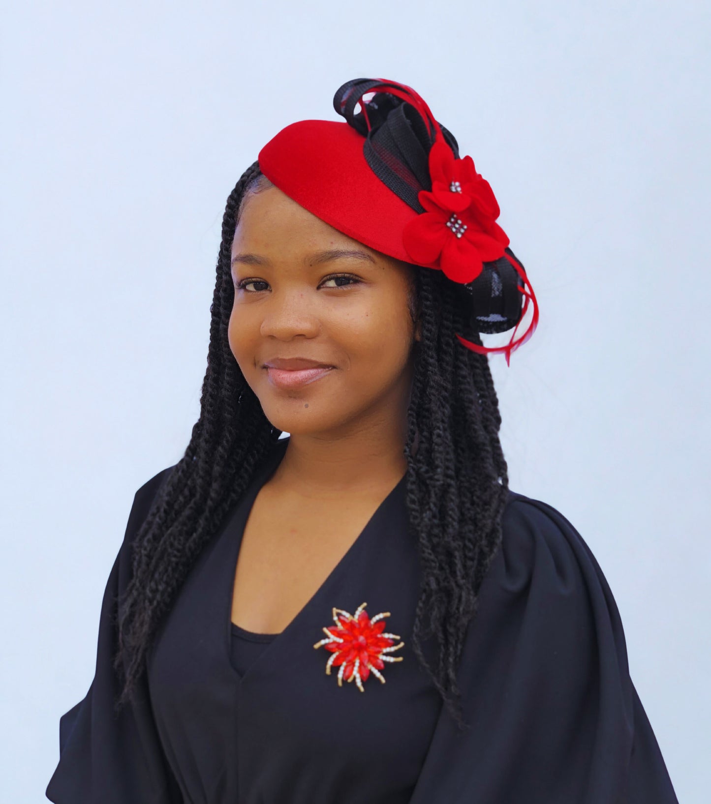 Red & Black Fascinator Hat with Flower & Ribbon Loops – Elegant Church & Wedding Headpiece