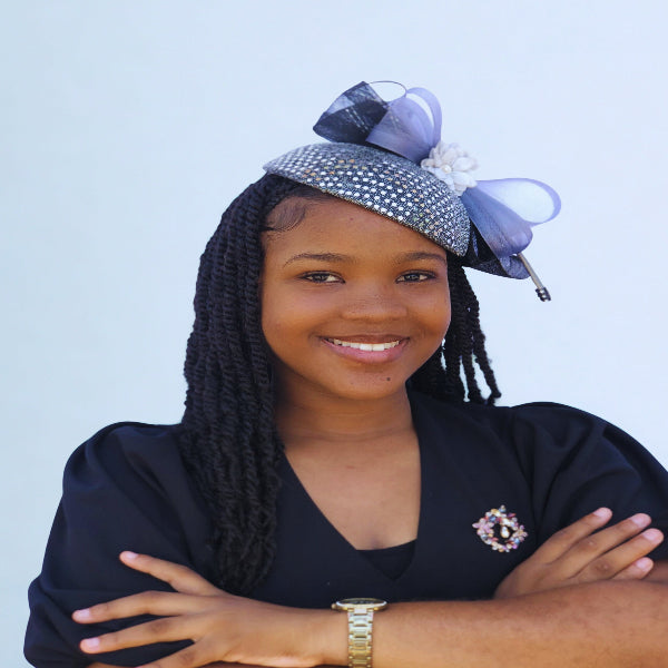 Silver & Black Fascinator Hat with Bow & Crystal Embellishments – Elegant Church & Wedding Headpiece