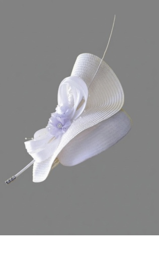 Elegant White Church Hat with Floral Accent & Feather Detail