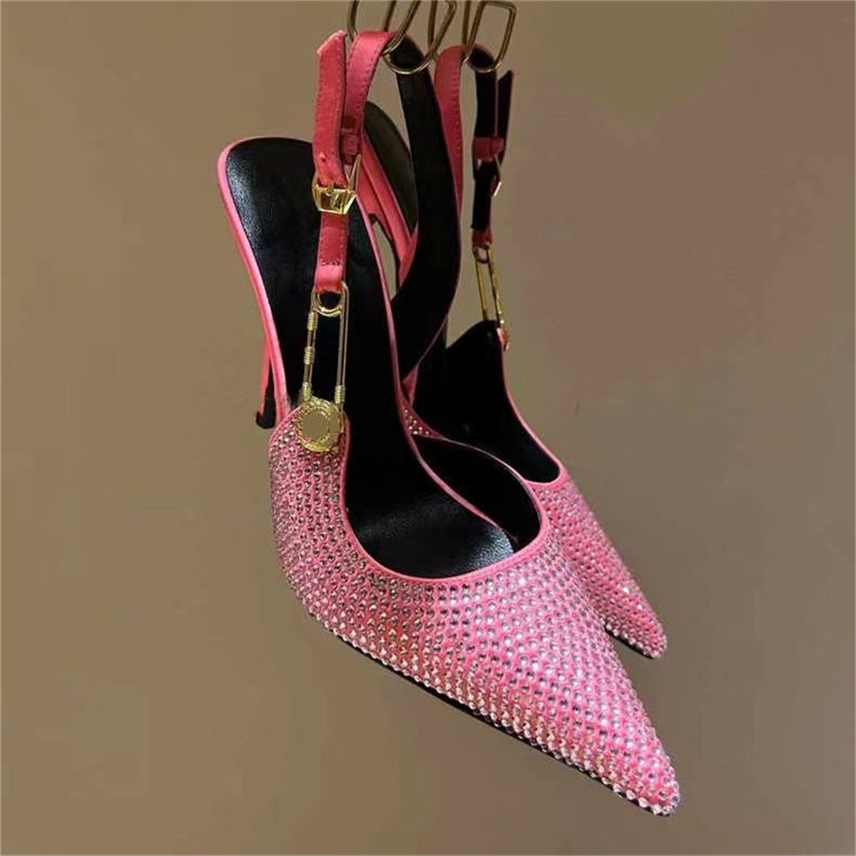 Women's Rhinestone Pointed Toe Strap High Heels