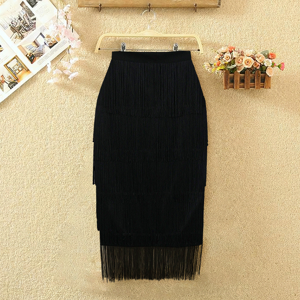 High Waist Patchwork Tassel Skirt Slim Wrap Hip Skirt