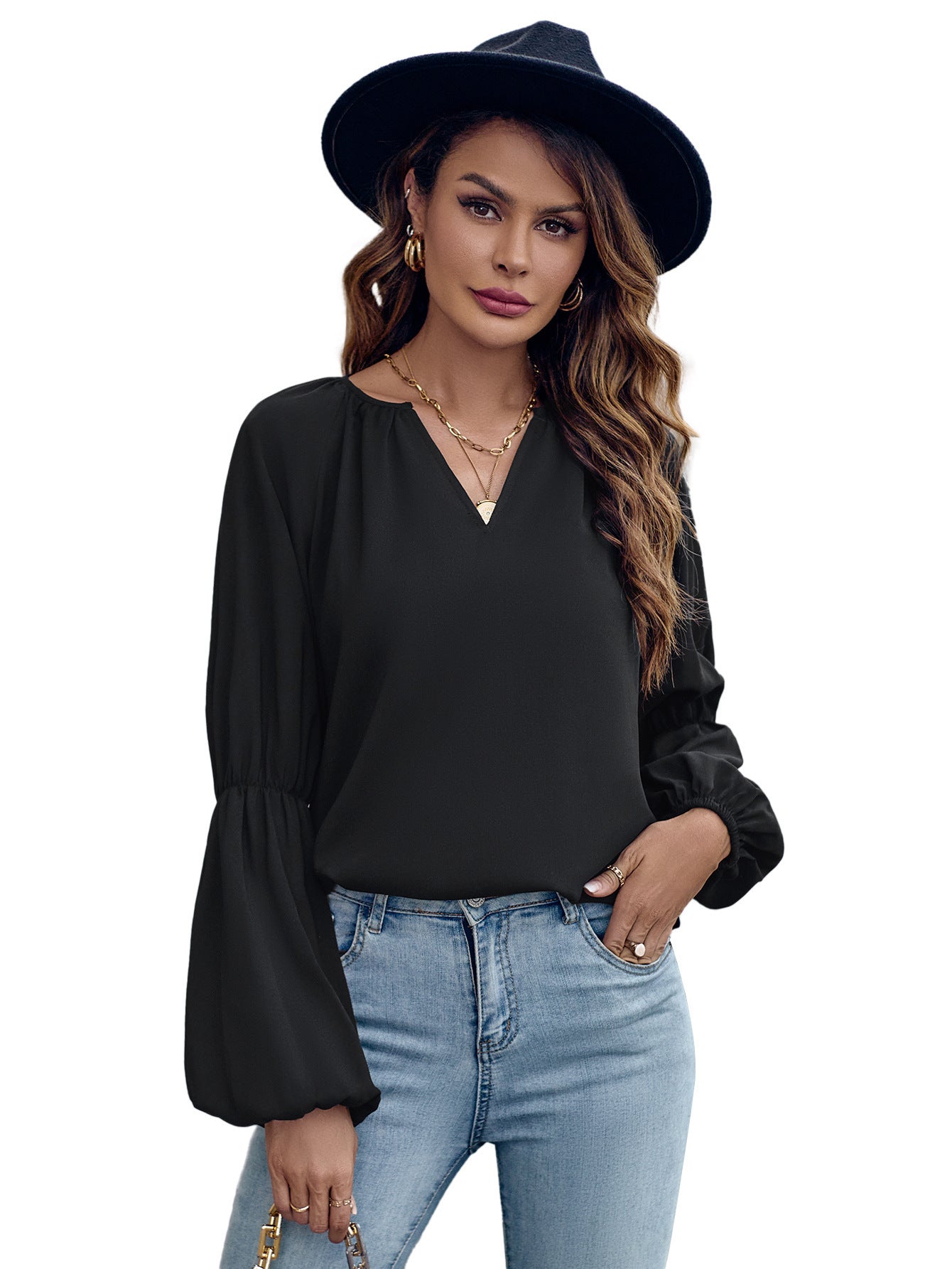 Solid Color V-neck Loose Women's Top