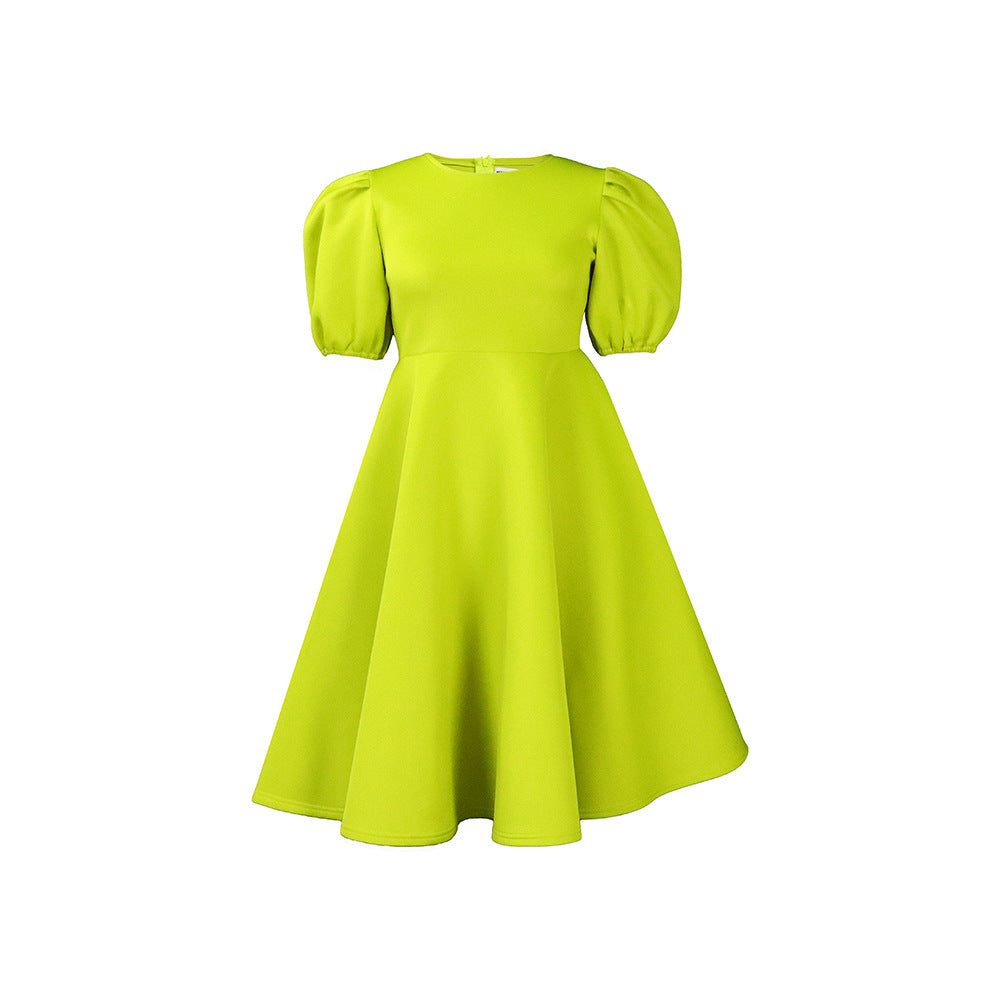 Women's Bubble Sleeves Wrapped Waist Swing Dress
