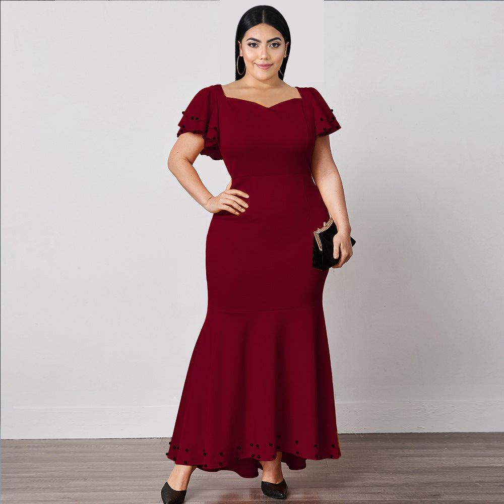 Modest V-neck High Waist Plus Size Ruffle Dress