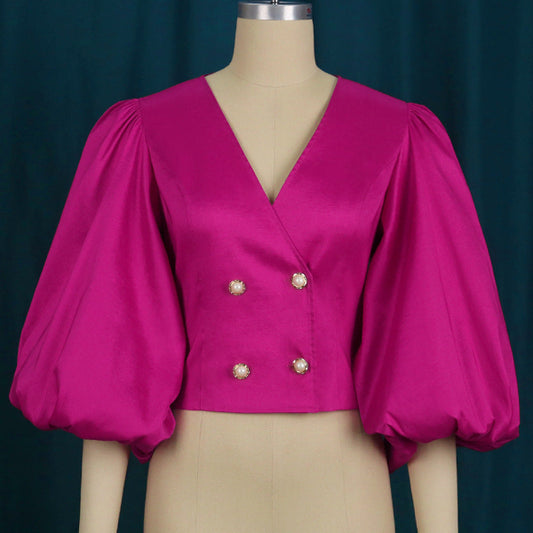 V-Neck Balloon Sleeve Women's Elegant Women's Blouse