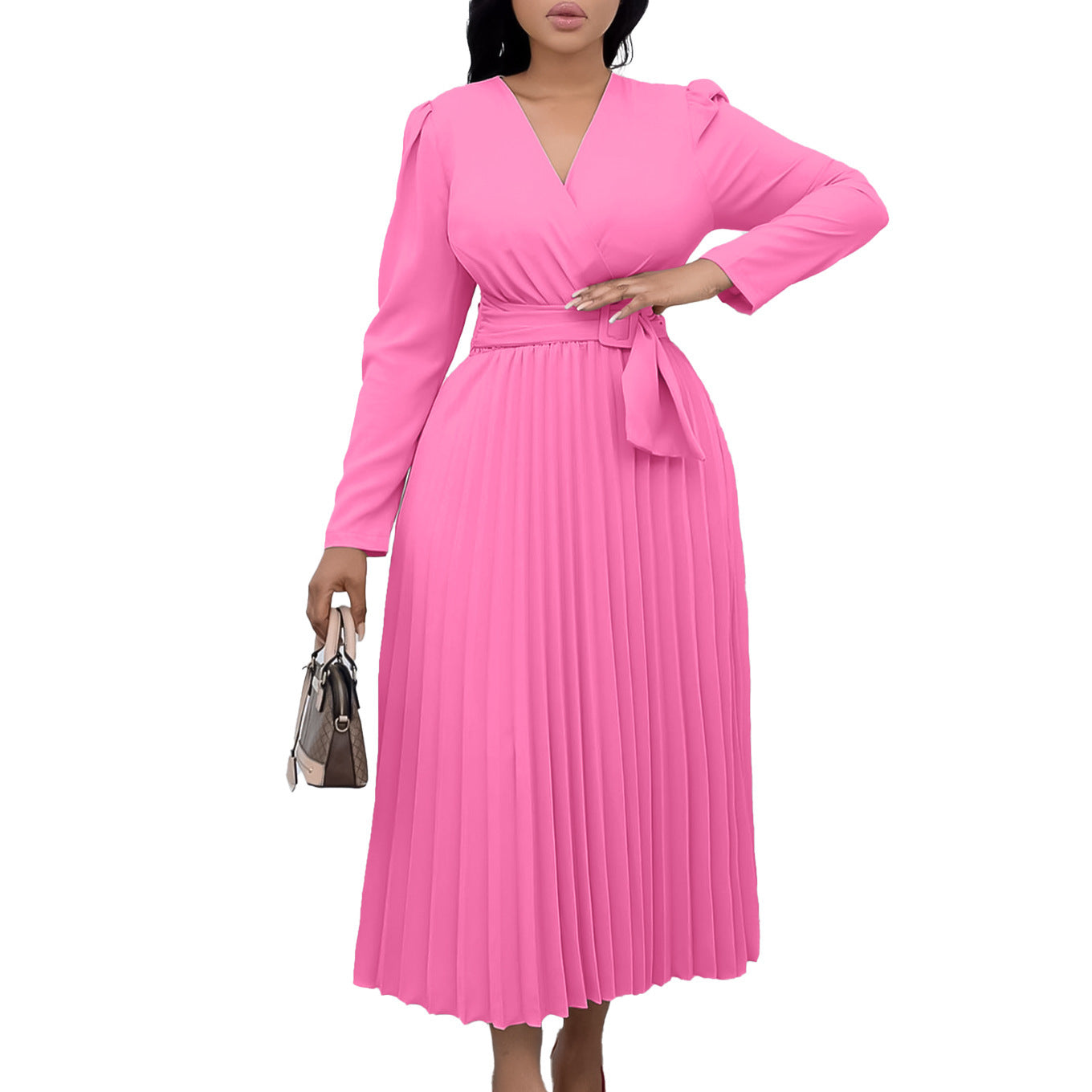 Long Sleeve Solid Color V-neck Pleated Dress