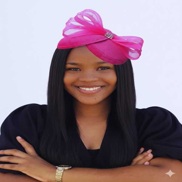Woman wearing a bright pink headwrap with a bright pink crinoline bow against a white background