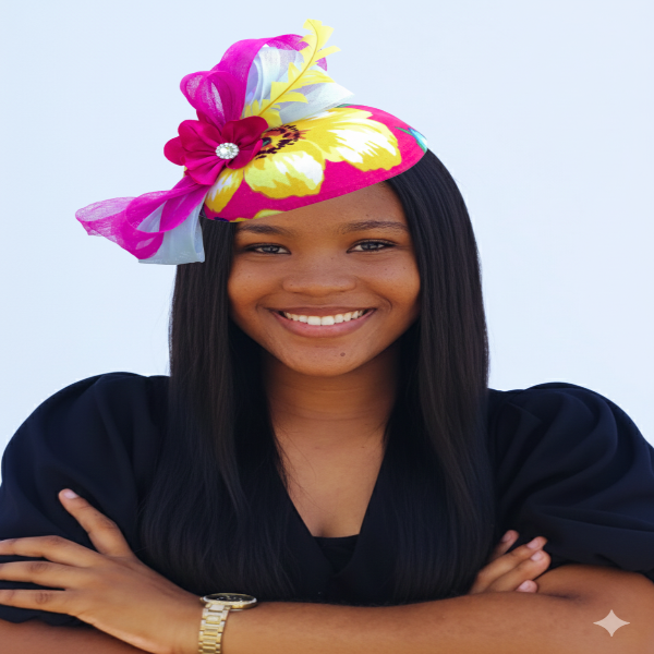 Woman wearing a colorful floral headband against a white background