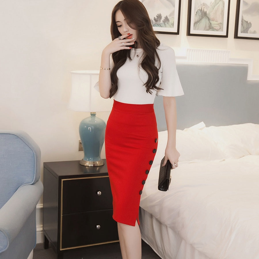 High Waist, Button Down, Side Split  Pencil Skirt