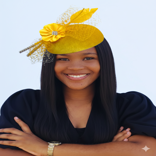 Woman wearing a yellow fascinator with a white background