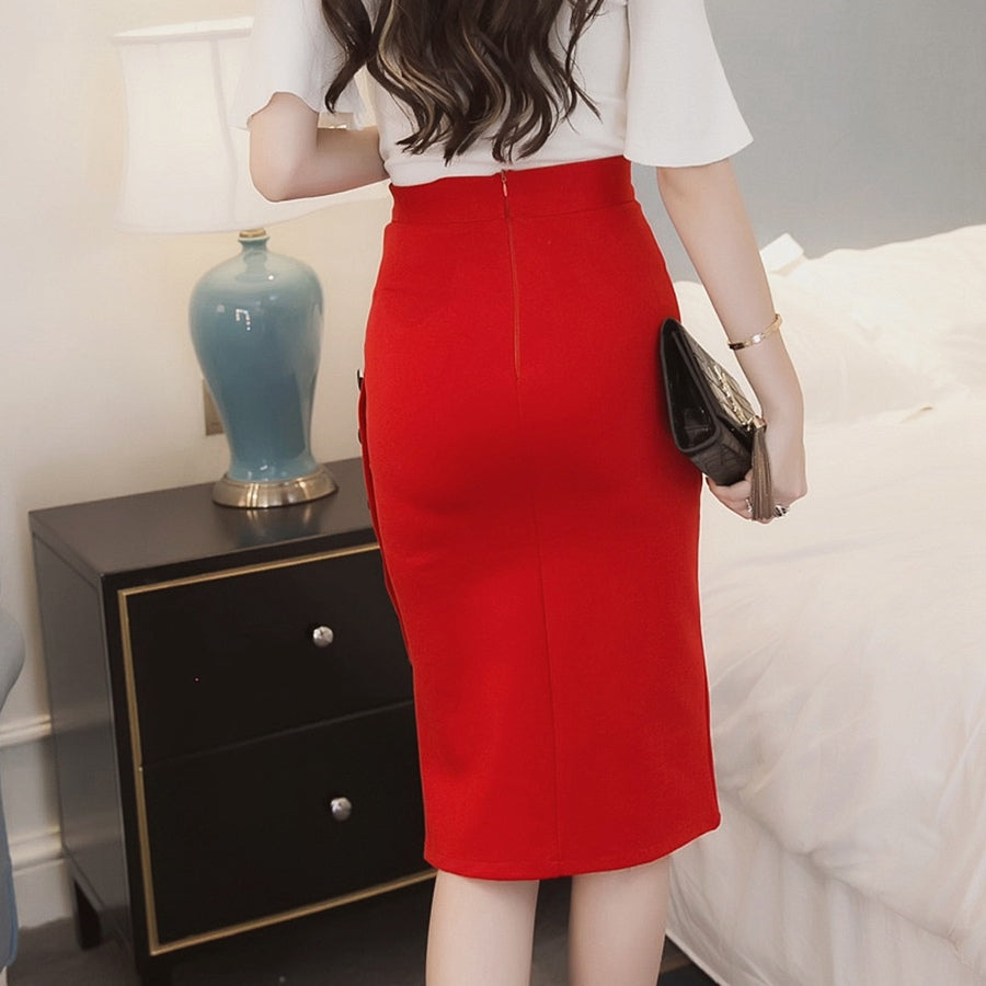 High Waist, Button Down, Side Split  Pencil Skirt