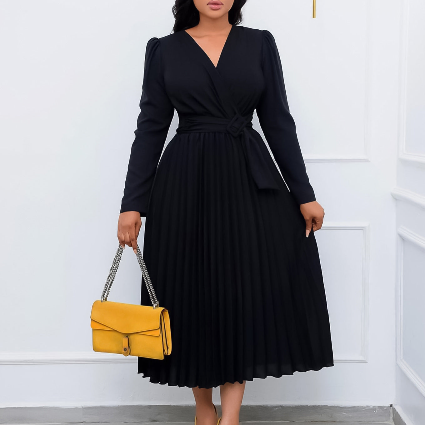 Long Sleeve Solid Color V-neck Pleated Dress