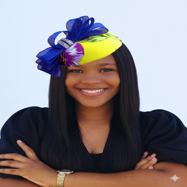 Woman smiling, wearing a yellow, blue, and purple floral print fascinator trimmed with royal blue sinamay loops and a rhinestone accent.