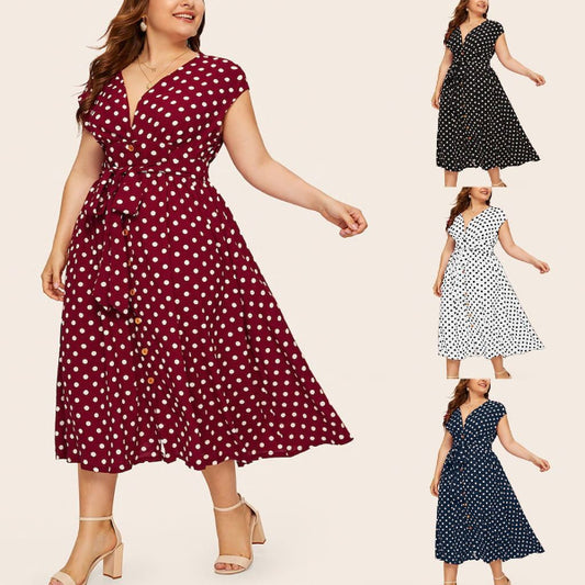 Woman wearing a polka dot dress with additional images of the dress in different colors on a beige background.