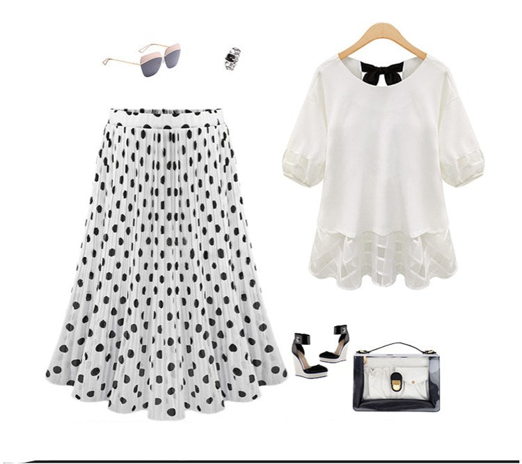 Polka Dot Pleated Skirt Chiffon Skirt