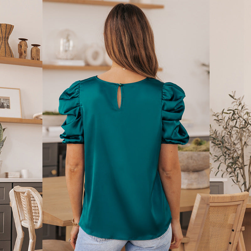 Solid Color Pleated Fluffy Women's Satin Shirt