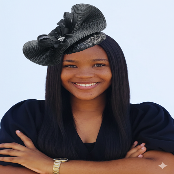 Woman smiling, wearing a black wide-brim fascinator with a sequined base, black ribbon bow, and a flower with a rhinestone center.