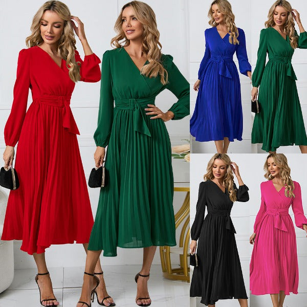 Women's Stylish Long Sleeves, Slim-fit Pleated V-neck Dress