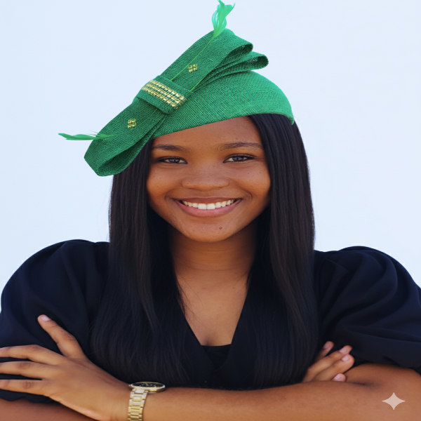 Woman smiling, wearing an green straw fascinator with an angled loop, gold ribbon detail, green feather accents, and gold rhinestones.