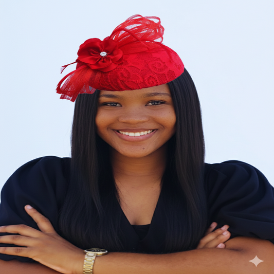 Woman wearing a red headpiece with a flower against a light blue background