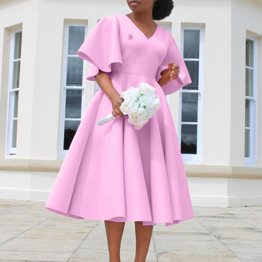 Women's Bell Sleeve V-neck A- Line Dress
