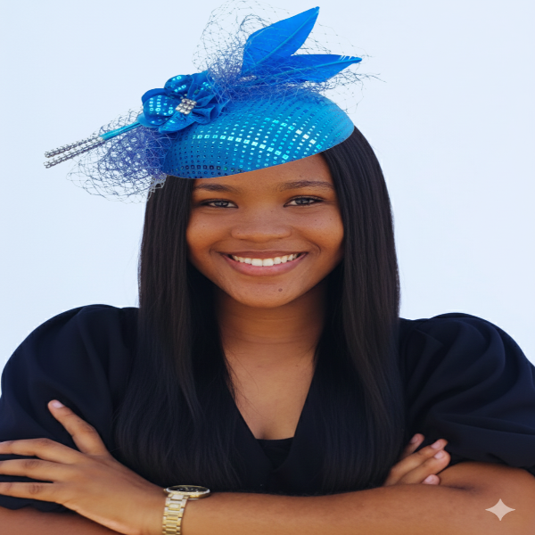 Woman wearing a blue decorative headpiece against a white background