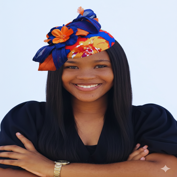 Woman smiling, wearing a multi-colored floral print fascinator trimmed with contrasting royal blue and orange straw loops.