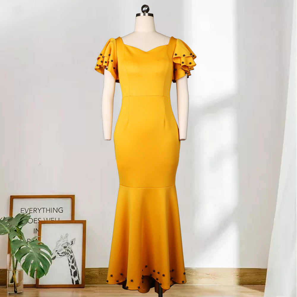 Modest V-neck High Waist Plus Size Ruffle Dress