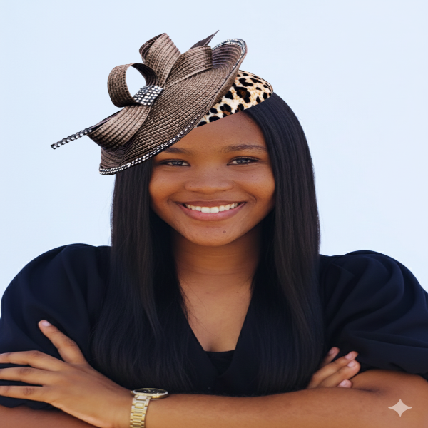 Woman smiling, wearing a leopard print base fascinator with a large brown straw accent piece and feather detail