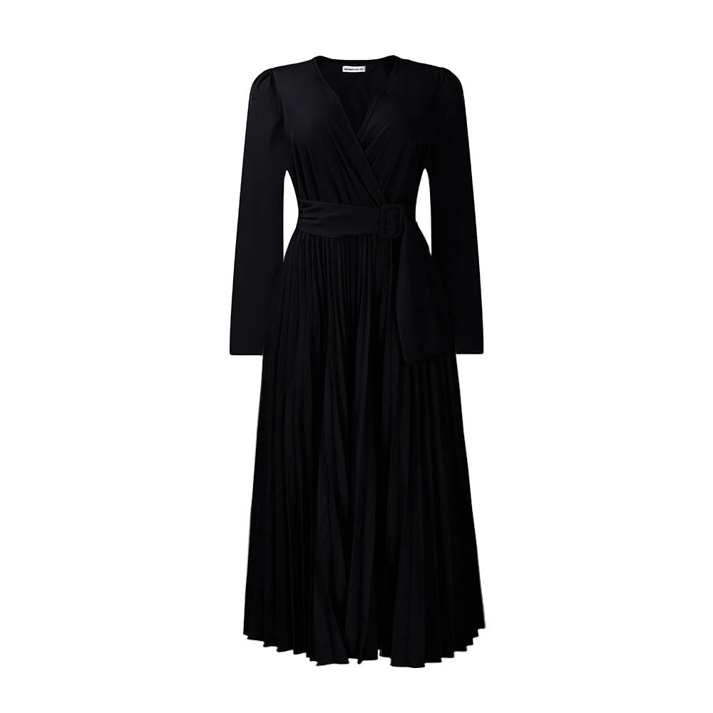 Long Sleeve Solid Color V-neck Pleated Dress