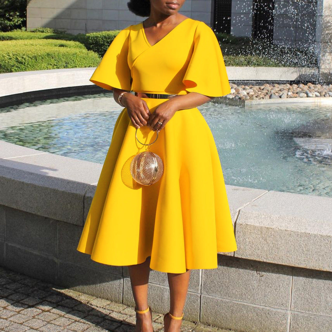 Women's Bell Sleeve V-neck A- Line Dress