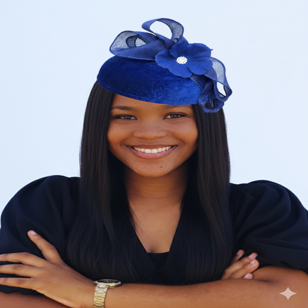 Woman smiling, wearing a deep royal blue velvet fascinator with royal blue sinamay ribbon loops and a flower accent.