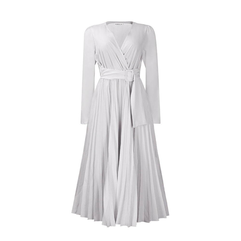 Long Sleeve Solid Color V-neck Pleated Dress