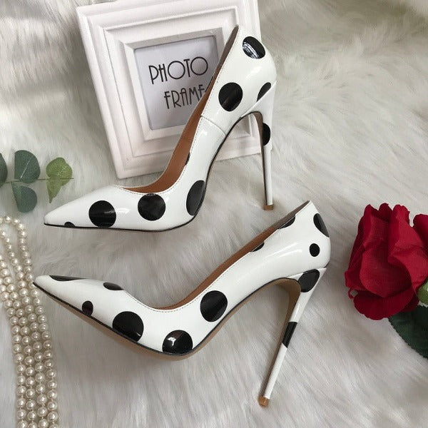 White Patent Leather Black Polka Dot High Heels